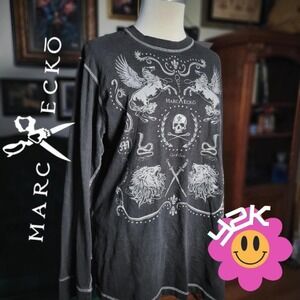 Marc Ecko Shirt Mens Vintage Y2K Black Graphic Crew Mall Goth Tee Long Sleeve XL